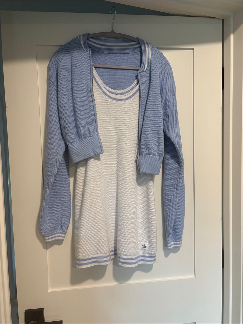 ALO Yoga Light Blue and White Knit Sweater Set includes dress xs